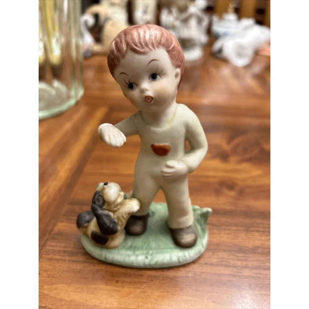 Little Boy Figurine Overalls Red Pocket Cocker‎ Spaniel Dog
